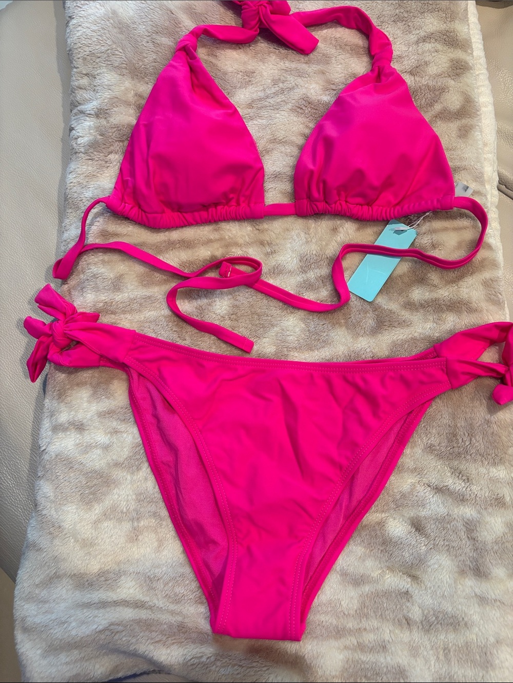 Women’s Hot Pink Tie-Side Triangle Bikini Top and Bottom